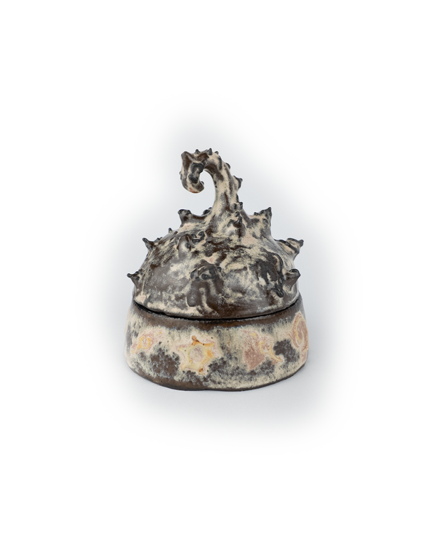 Decorative ceramic jar with a creature-like design